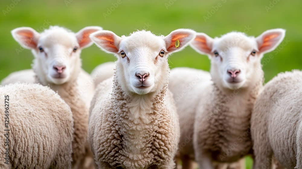 Poster Curious sheep portrait group with expressive faces and fluffy wool standing in a vibrant green meadow : Generative AI
