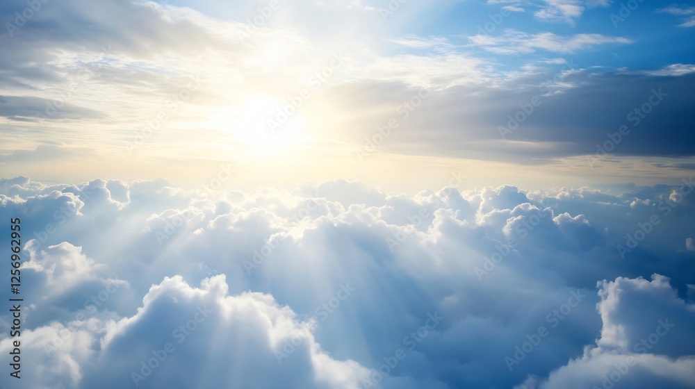 Poster Bright sunlight breaking through fluffy clouds in a vast sky creating a serene and uplifting atmosphere : Generative AI