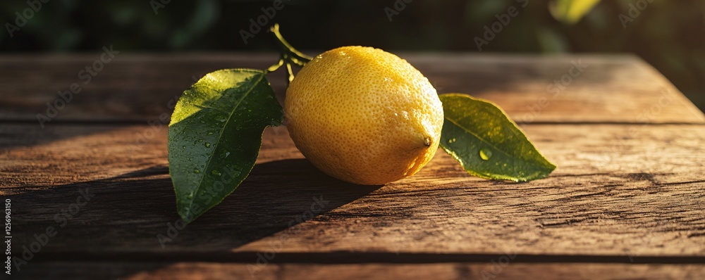 Poster Freshly picked lemon with leaves is resting on a rustic wooden table, illuminated by warm sunlight