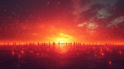 Fototapeta premium Crowd Silhouettes Sunset Fiery Sky Hopeful Future