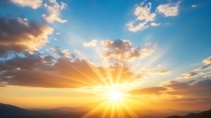 Obraz premium Stunning sunset illuminating the sky with vibrant colors radiating through scattered clouds at twilight : Generative AI