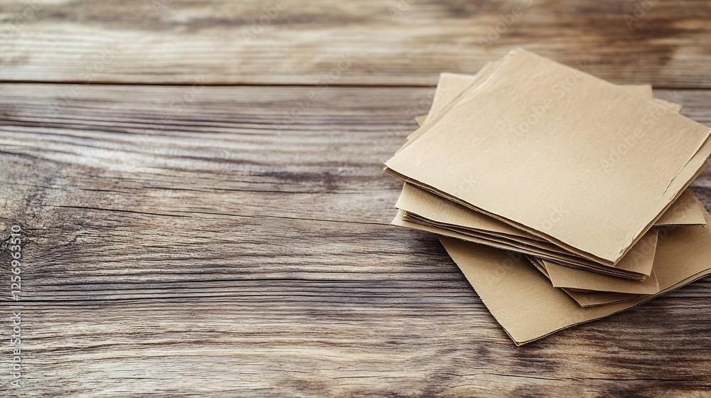 Poster Stack of Plain Brown Kraft Paper Sheets on Rustic Wooden Table Ready for Creative Projects : Generative AI