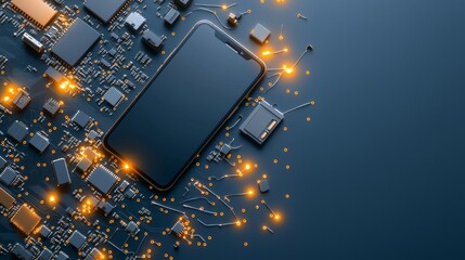 Innovative technology integration smartphone on circuit board digital workspace close-up view modern concept of connectivity