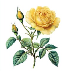 Yellow rose with buds and leaves.