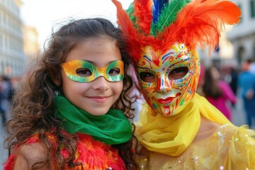 Obraz premium Children Wearing Colorful Masks at a Festive Parade, Celebrating Joy and Imagination with Bright Costumes