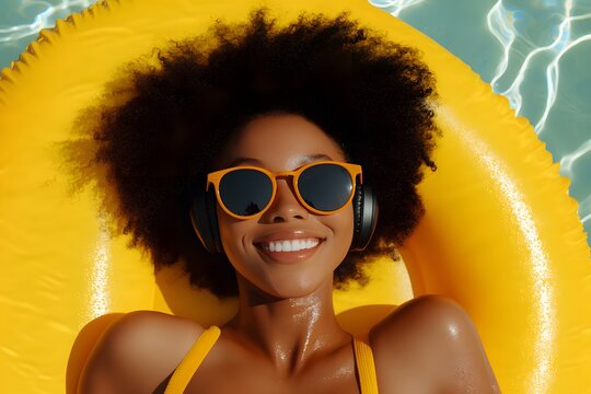 A Black woman with an afro and sunglasses lounging on top of a yellow swim ring by the pool, smiling at the camera, wearing headphones, on a sunny day, from a top-down view, in a yellow color palette
