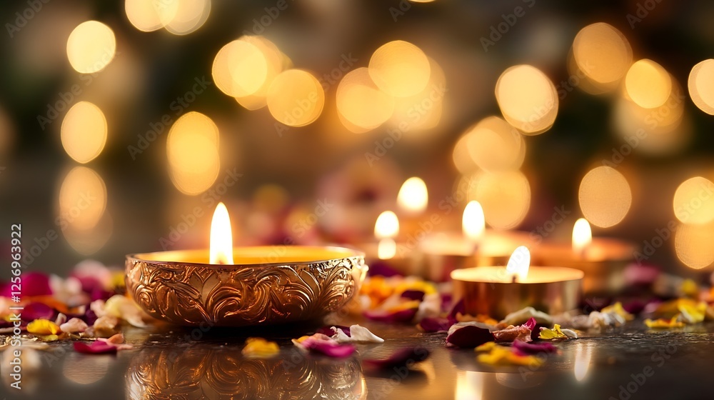 Poster tranquil scene of floating candles surrounded by petals and warm glowing lights : generative ai