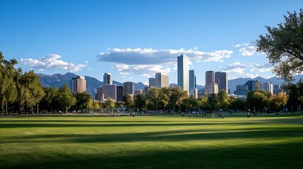 Obraz premium Vast park with green lawn and city skyline under a blue sky with clouds : Generative AI