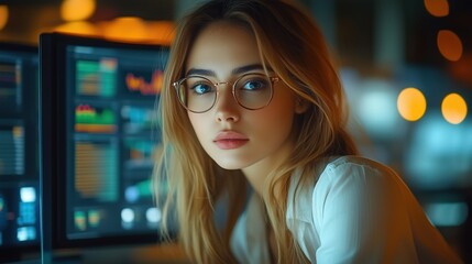 Young Professional Woman with Glasses Working in a Modern Office Environment Surrounded by Data Visualizations and Digital Screens