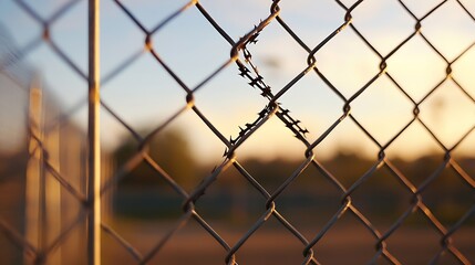 Fototapeta premium Close up of a rusty chain link fence with a tear showcasing nature's resilience at sunset : Generative AI