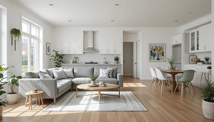 Modern minimalist living room and kitchen design with grey sectional sofa, light wood floors, and white cabinets