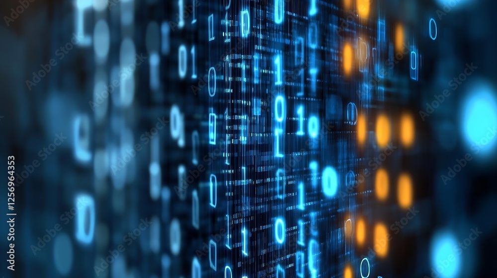 Poster Futuristic digital binary data representation with vibrant blue and orange elements depicting technology : Generative AI