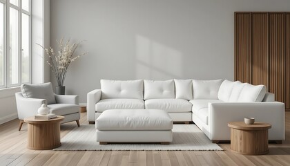 Modern minimalist living room interior design with white sofa, wooden accents, and natural light