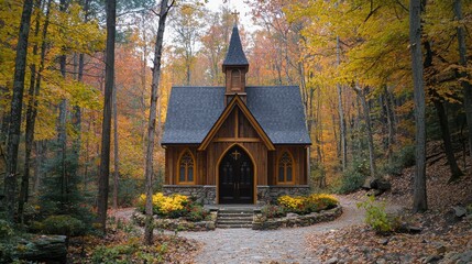Obraz premium A charming, rustic chapel nestled in a vibrant autumn forest. The warm hues of fall foliage create a serene atmosphere around this quaint structure.