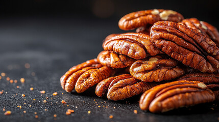 pile of pecan nuts in their cracked shells, symbolizing abundance and nature's complexity, with a blurred background offering a sense of emptiness and chaos, leaving room for interpretation