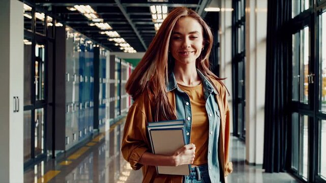 The video captures a student walking confidently through a school hallway, showcasing a vibrant, upbeat atmosphere with a tracking camera angle.