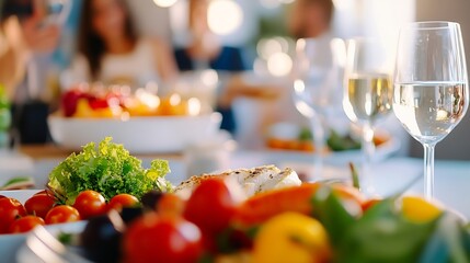 Delicious gourmet meal beautifully arranged on a table with fresh vegetables and glasses of white wine : Generative AI
