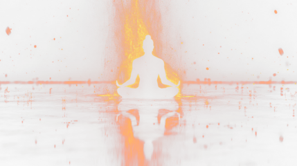 a person sitting in a lotus position in front of a fire