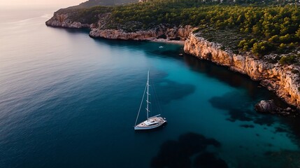 Serene view of a sailing boat anchored in crystal clear turquoise waters near rocky cliffs :...