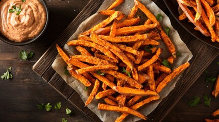 Plate of cajun seasoned sweet potato fries with a spicy seasoning and garnished with herbs