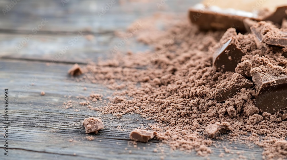 Aufkleber delicious chocolate pieces and cocoa powder scattered on a rustic wooden surface creating a tempting