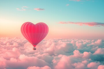 Obraz premium A heart-shaped hot air balloon floating above the clouds, with pink and red hues, creating an enchanting Valentine's Day scene. The sky has soft pastel colors, adding to the romantic atmosphere. 