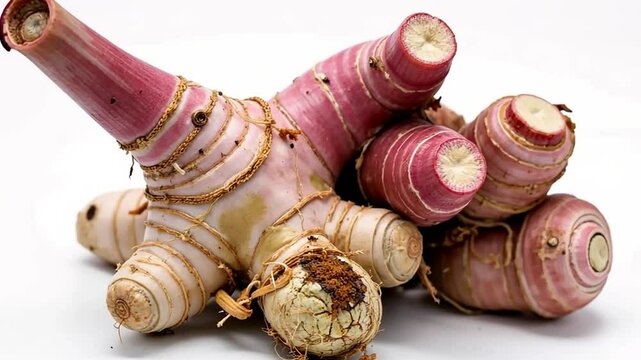 Close-up of fresh galangal roots (lengkuas), showcasing their unique texture and reddish hue on a rustic wooden table, highlighting their organic and earthy nature.