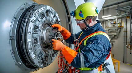 Medium shot of an engineer performing maintenance inside a wind turbine fully equipped with personal protective equipment PPE harness and an orange safety set