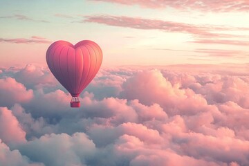 Fototapeta premium A heart-shaped hot air balloon floating above the clouds, with pink and red hues, creating an enchanting Valentine's Day scene. The sky has soft pastel colors, adding to the romantic atmosphere. 