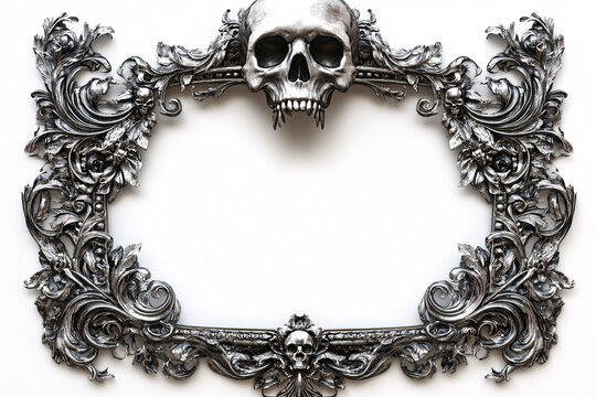 silver ornate skull frame with copy space  for halloween design or background