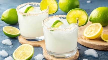 Refreshing Margarita Drinks with Limes on Wooden Boards