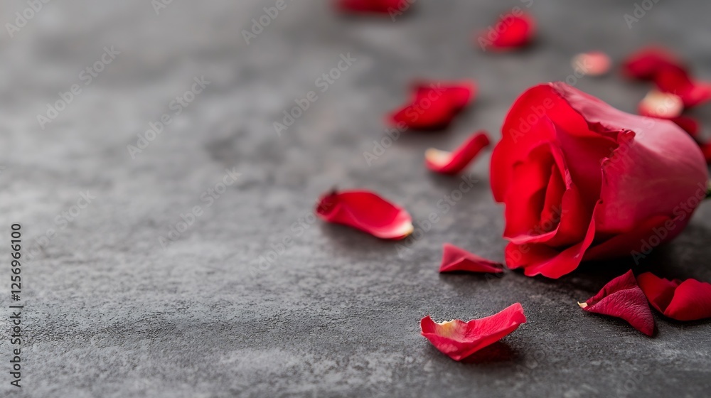 Poster Beautiful red rose with petals scattered on dark surface creating a romantic atmosphere : Generative AI