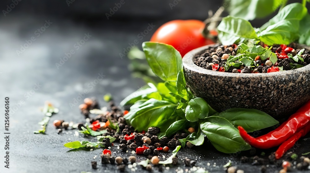 Aufkleber assorted fresh spices and herbs in a stone bowl with vibrant green leaves on dark background : gener