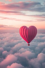 Obraz premium A heart-shaped hot air balloon floating above the clouds, with pink and red hues, creating an enchanting Valentine's Day scene. The sky has soft pastel colors, adding to the romantic atmosphere. 