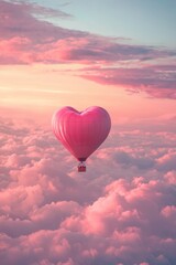 Fototapeta premium A heart-shaped hot air balloon floating above the clouds, with pink and red hues, creating an enchanting Valentine's Day scene. The sky has soft pastel colors, adding to the romantic atmosphere. 