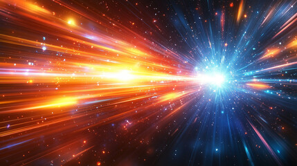 Fototapeta premium burst of fast, energetic light flashes through a dark background, symbolizing futuristic technology and innovation. The blurred, empty space on the side suggests openness and potential