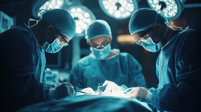 Medical professionals performing intricate surgery in an operating room with focused attention on the patient under bright surgical lights during a complex procedure