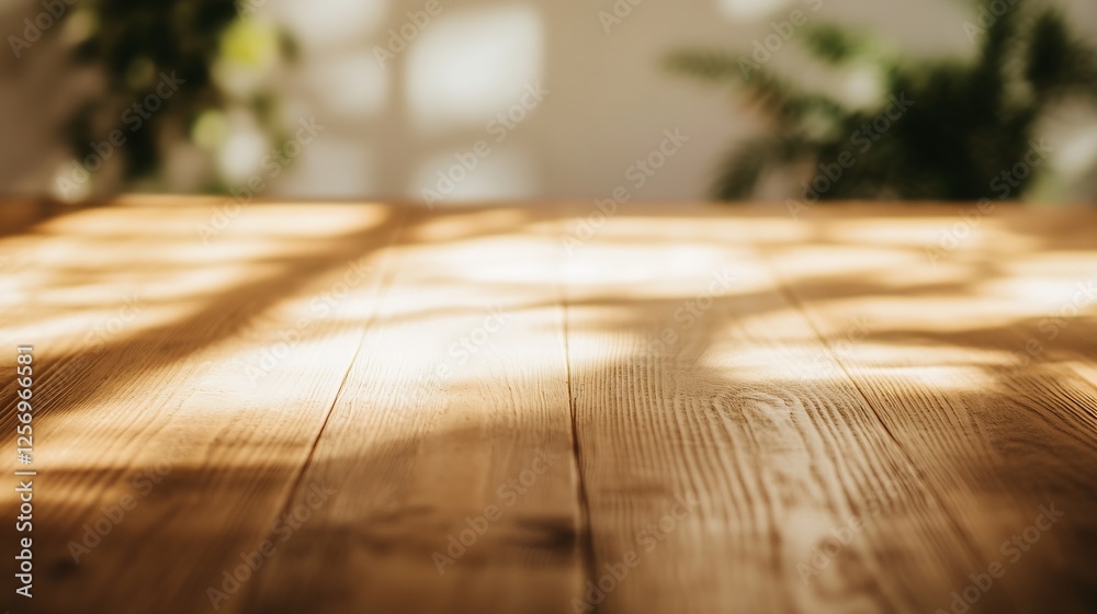 Aufkleber closeup of wooden table surface illuminated by soft light with natural shadows and foliage : generat