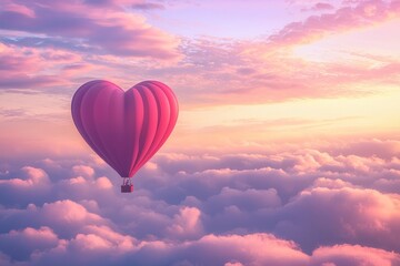 Fototapeta premium A heart-shaped hot air balloon floating above the clouds, with pink and red hues, creating an enchanting Valentine's Day scene. The sky has soft pastel colors, adding to the romantic atmosphere. 