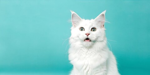 Fluffy White Maine Coon Cat with Surprised Expression on Turquoise Background