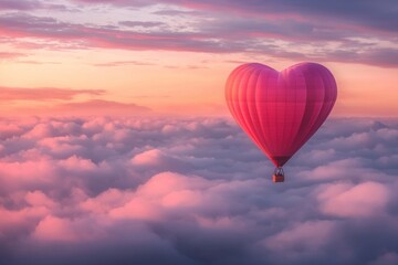 Fototapeta premium A heart-shaped hot air balloon floating above the clouds, with pink and red hues, creating an enchanting Valentine's Day scene. The sky has soft pastel colors, adding to the romantic atmosphere. 