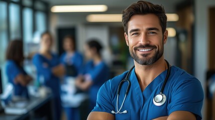 Fototapeta premium Confident Male Healthcare Professional in Scrubs Smiling with Colleagues in Background in Modern Medical Environment