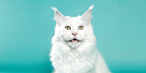 Fluffy White Maine Coon Cat with Surprised Expression on Turquoise Background