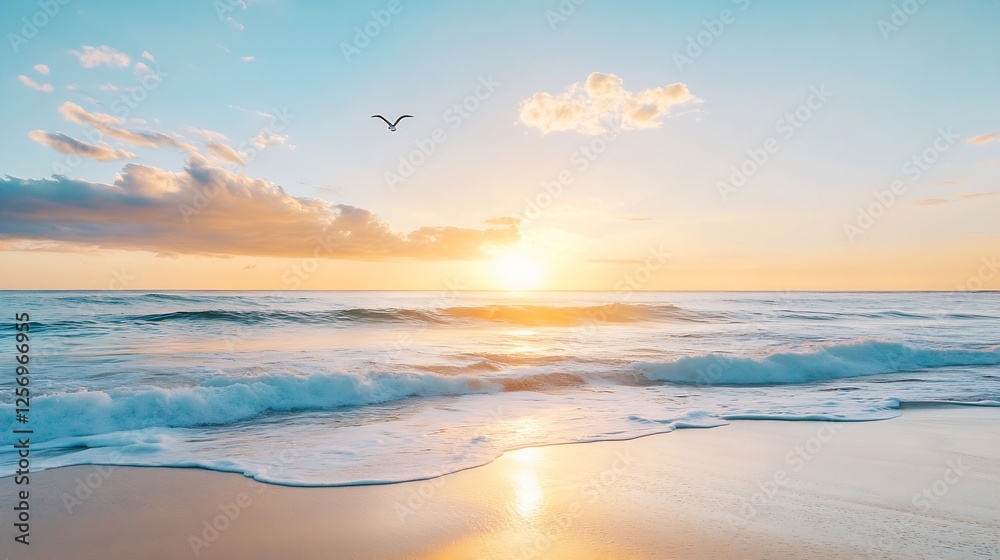 Poster stunning sunrise over calm seaside beach with gentle waves and a single seagull : generative ai