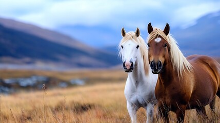 Fototapeta premium Two Beautiful Horses Standing Together in a Scenic Landscape with Soft Mountains in the Background : Generative AI