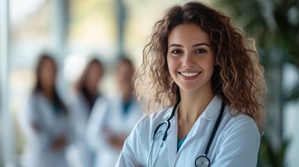 Confident young female healthcare professional smiling in modern medical environment with colleagues in background showcasing teamwork and compassion