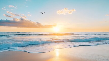 Obraz premium Stunning Sunrise Over Calm Seaside Beach with Gentle Waves and a Single Seagull : Generative AI