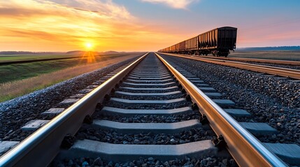 Scenic railway tracks disappearing into the horizon at sunset revealing a tranquil view : Generative AI
