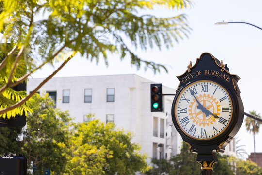 Burbank, California, USA - August 8, 2024: A historic clock shows the time in downtown Burbank.