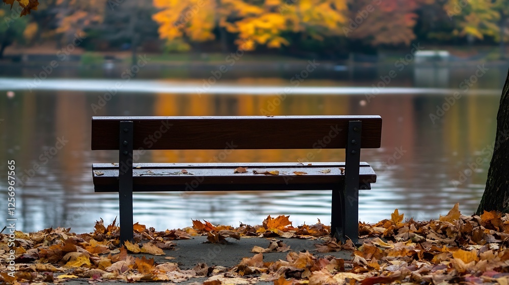 Poster empty park bench surrounded by colorful autumn leaves near a peaceful lake : generative ai